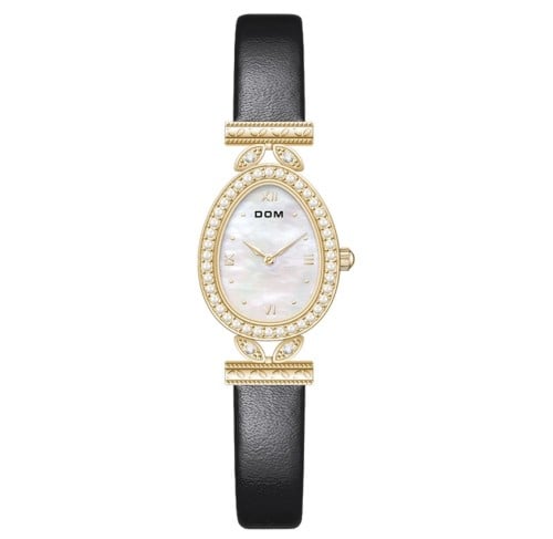 A gold watch with a white dial and a black strap