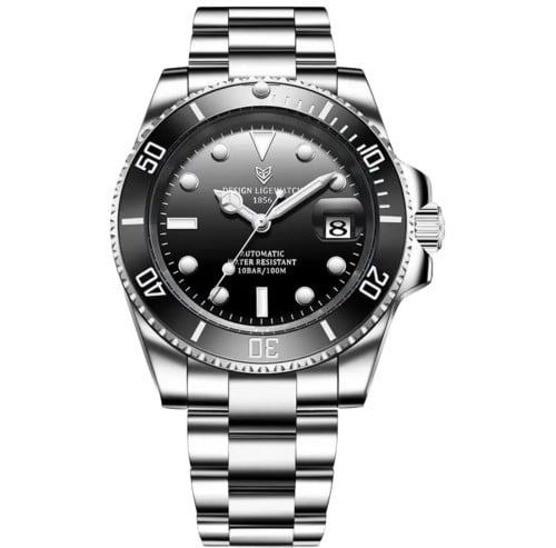 Silver watch with black enamel