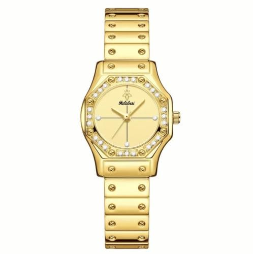 A gold watch with a gold-colored dial
