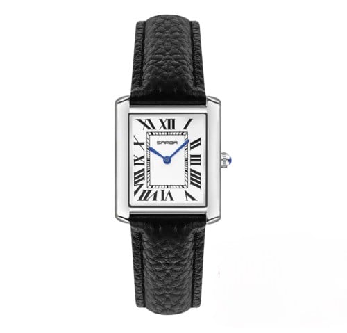 A silver watch with a black strap