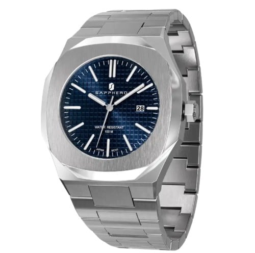 A silver watch with blue enamel