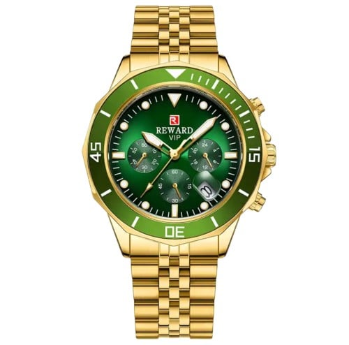 Gold watch with green dial