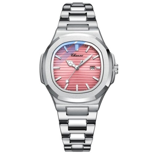 A silver watch with pink enamel