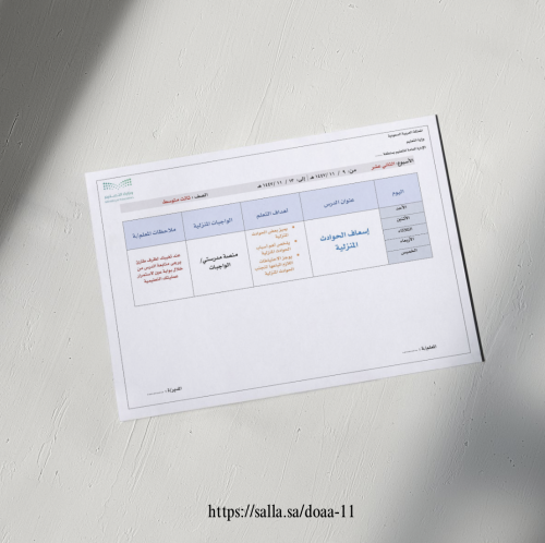 الخطة الاسبوعية - ثالث متوسط - "التربية الاسرية"