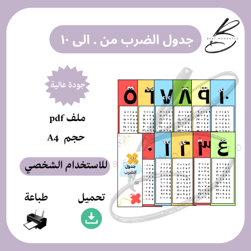 مطوية جدول الضرب من . الى ١٠ بالارقام العربية