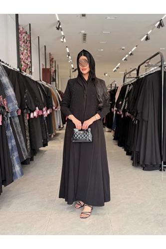 dar laha abaya عباية D996 - بليزر من قماش الكريب الملكي مع تطريزات - أسود