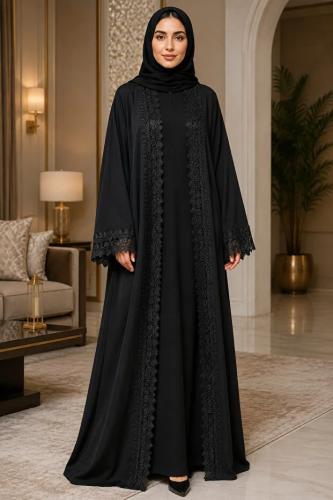 KAVALEE طقم عباية نسائي من قطعتين باللون الأسود مع تطريز دانتيل أمامي بنقوش زهرية وفستان داخلي متناسق