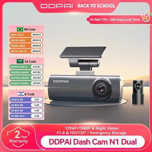 DDPAI Dash Cam N1 تسجيل أمامي وخلفي مزدوج NightVIS 1296P Dash Cam مسجل جهاز تسجيل فيديو رقمي للسيارات App التحكم