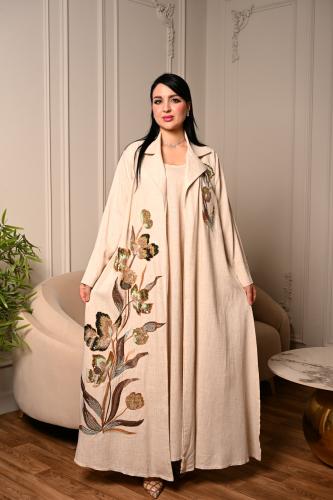 جلابية قطنية بيج نقش وردة