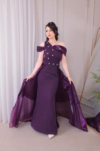 فستان سهرة موف مع قطعه ستان