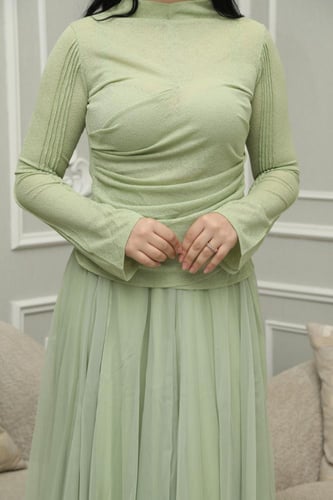 فستان العيد شيفون بليسيه بأكمام طويلة