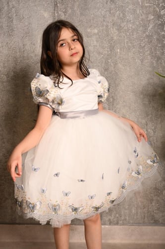 فستان بناتي منفوش مزين بالفراشات الناعمة
