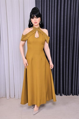 فستان سهرة أنيق بياقة مزينة وأكتاف مكشوفة