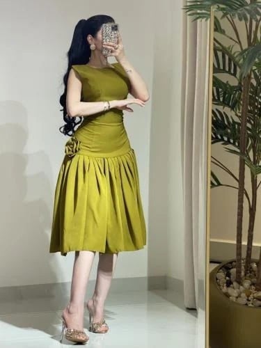 فستان ميدي أنيق بلون زيتوني- وموف