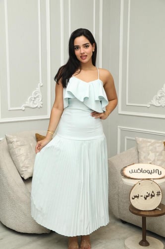 فستان العيد بليسيه سماوي بدون أكمام