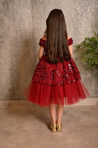 فستان بناتي أحمر منفوش