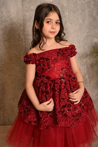 فستان بناتي أحمر منفوش