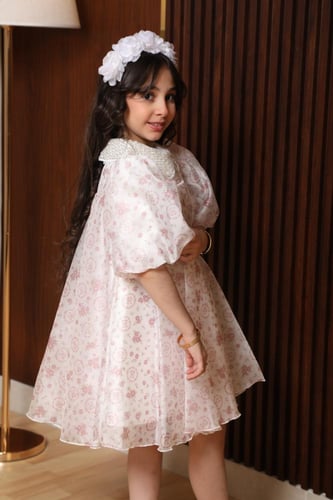 فستان بناتي دانتيل ميدي مزهر وردي