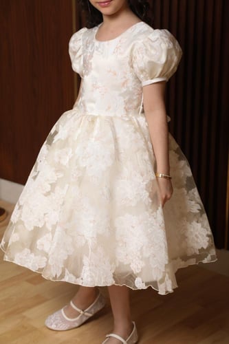 فستان بناتي كريمي تول مطرز منفوش