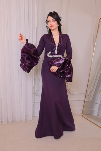 فستان سهرة موف مع اكمام طويلة منفوش