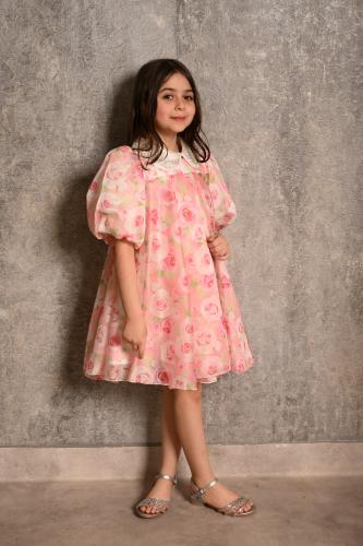 فستان بناتي مزيزين رسم ورود اكمام منفوخة