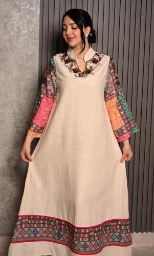 جلابية رمضاني بيج اكمام ملونه شفاف