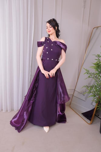 فستان سهرة موف مع قطعه ستان