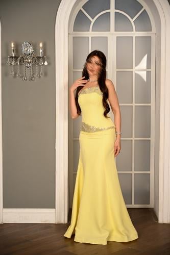 فستان فخم قماش باربي مطرز بجمالية بالون الأصفر