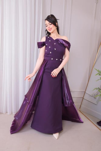 فستان سهرة موف مع قطعه ستان