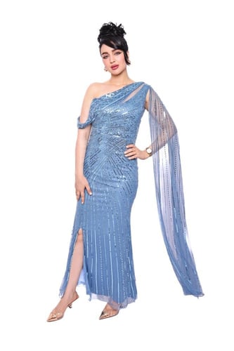 فستان سماوي بترتر لامع بتصميم كتف واحد