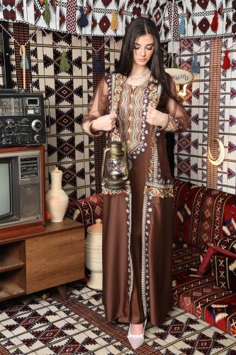 جلابية رمضانية بنية تراثية مطرزة