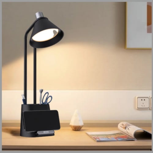 مصباح LED مع حامل للأقلام وشاحن لاسلكي
