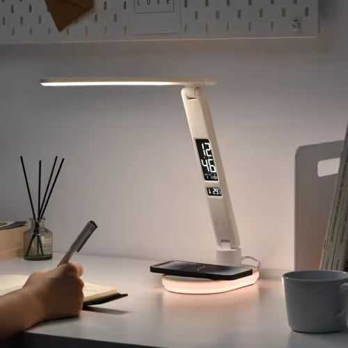 مصباح مكتبي بشاحن لاسلكي للجوال ومنفذ شحن