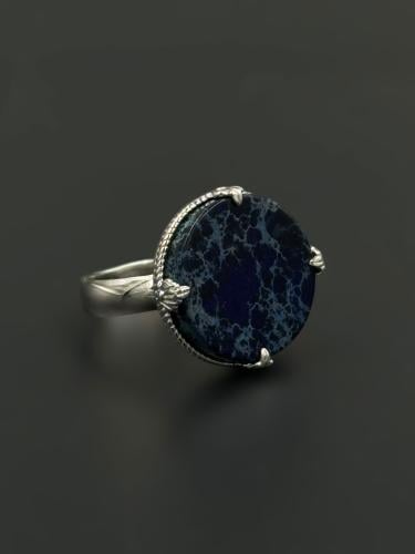 محيط | خاتم ملكي تاج دائري فضة عيار 925 - كحلي معر...