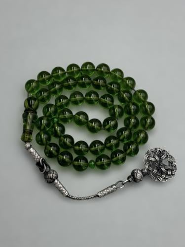 سبحة زعفرانية | أخضر شفاف مع طرابزونة فضة