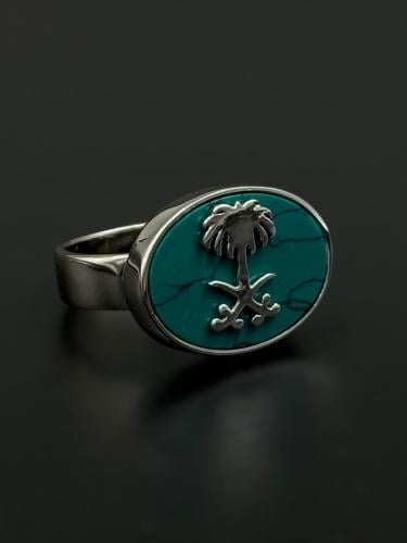 فيروز | خاتم ملكي سيفين ونخلة فضة عيار 925 - فيروز...