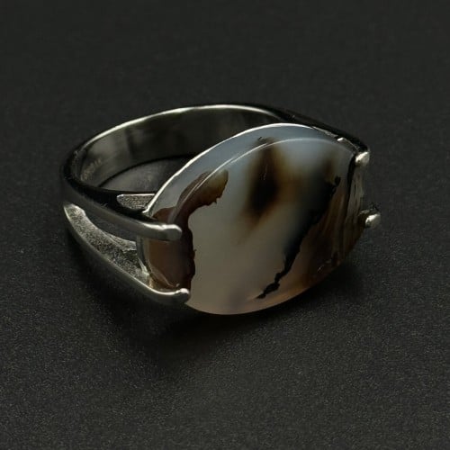 عقيق | خاتم ملكي مقبض فضة عيار 925 - عقيق مموج