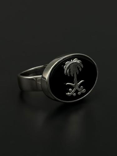 قاتم | خاتم ملكي سيفين ونخلة فضة عيار 925 - أسود