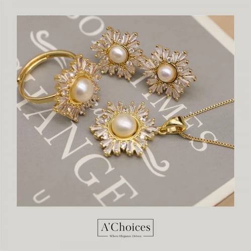 طقم أنيق مكون من عقد وأقراط وخاتم مطلي بالذهب مع ا...