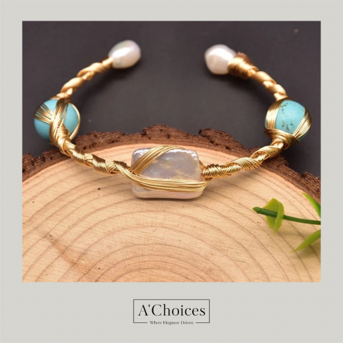 سوار مصنوع يدوياً مطلي بالذهب عيار 18 مع اللؤلؤ ال...