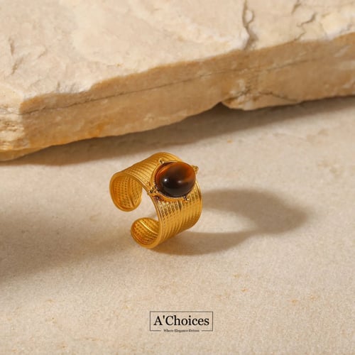 خاتم عريض مطلي بالذهب مع حجر عسلي بلونين ذهبي وفضي...