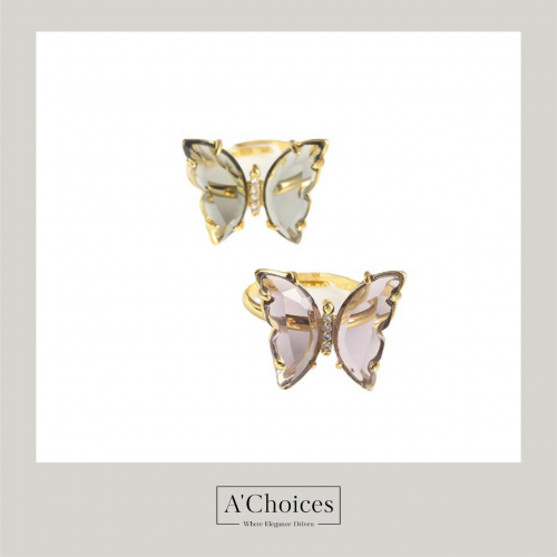 خاتم مطلي بالروديوم على شكل فراشة بالكريستال الزجا...