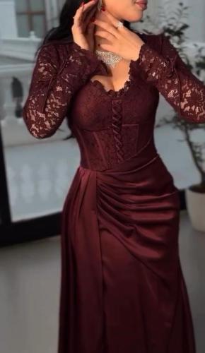 فستان بأكمام دانتيل عودي - تصميم أنيق بألوان دافئة...