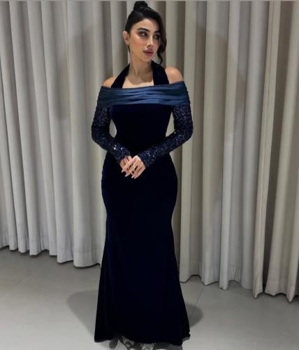 فستان سهرة كحلي باكمام ترتر