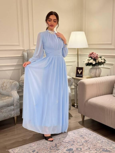 فستان سهرة شيفون سماوي - أناقة ورقي لأمسية ساحرة