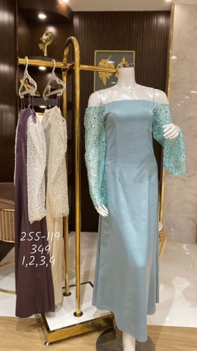 فستان برنسيسة بأكمام مطرزة ترتر ولؤلؤ - فخامة ساحر...