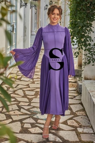 فستان شيفون ميدي بكسرات اكمام