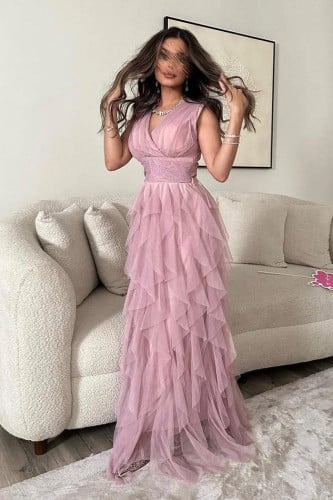 فستان مكسي تل سهرة مكشكش