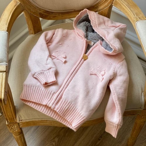 جاكيت أطفال بناتي صوف محبوك مع قبعه مزين بفيونكات...