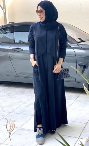 عباية كريب كحلي ياقة شال